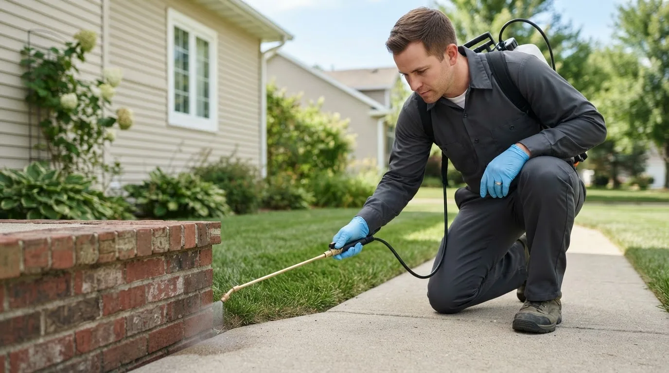 Pest control technician treating a home near Jeffersonville, KY